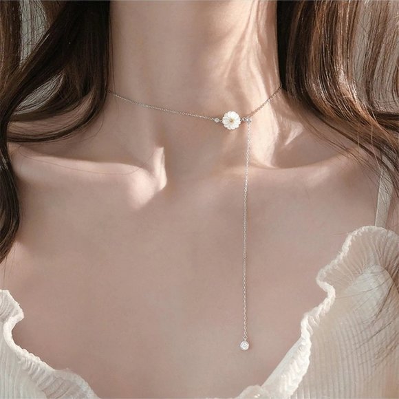 NEW 925 Silver Shell Daisy Diamond Drop Necklace - Picture 2 of 11